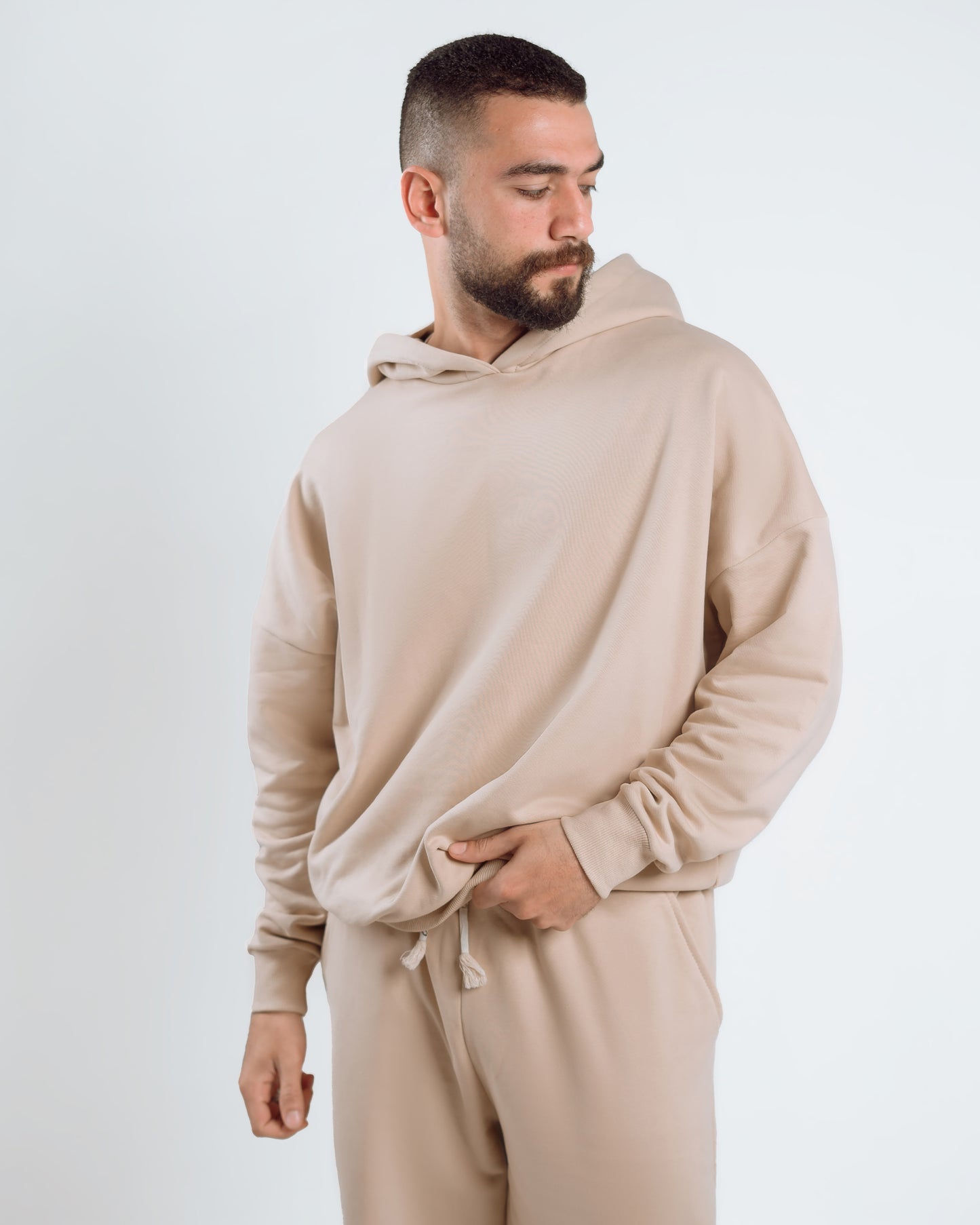 Men’s Oversized Hoodie & Wide-Leg Pants Set – Beige