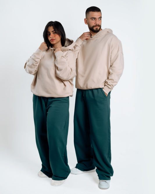 Unisex Hoodie & Wide-Leg Pants Set – Beige & Dark Green